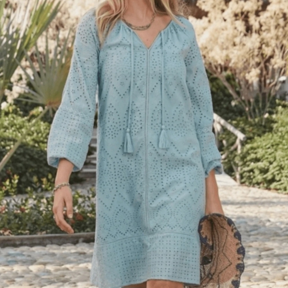 SUNDANCE | Boho Eyelet Tassel Shift Dress | Light Teal Blue | Small